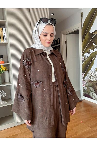Aselim Hijap Moda Detailed Shirt Kit - Linen Stone, Lace and Bitter Coffee