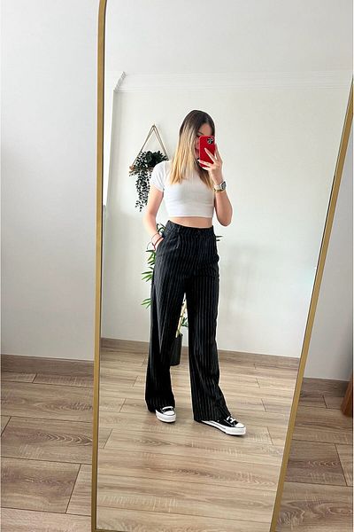 Tutals Women's Black Color Lycra Draped Line Detailed High Waist Wide Leg Comfortable Fit Palazzo Trousers