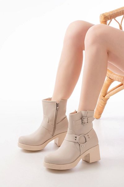 TB Terzi Bey 5109-3042 Beige Buckle Accessory Zippered Thick Heeled Daily Women's Boots