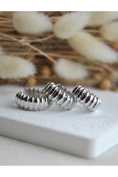 noxen Silver Thick Serrated Basic Triple Earrings Nox-E8136