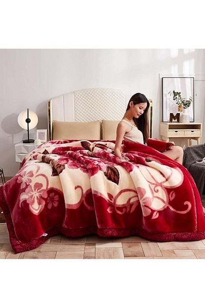 Comfy KOREAN STYLE MINK SOFT THICKENED LUXURIOUS FLORAL BLANKET MAROON