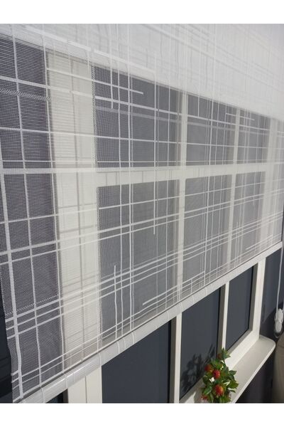 Emir Home Kare Desenli Beyaz Storlu Çift Mekanizmalı Tül Stor Perde Güneşlik