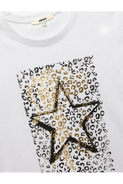 Koton Tricou alb din bumbac cu mânecă scurtă cu imprimeu leopard 5sak50094ek