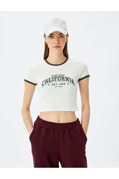 Koton College Printed Bias Short Sleeve Ecru Women's T-Shirt 5Sal10214Ik
