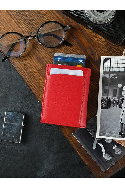 Bagacar Zippered Genuine Leather Mechanism Card Holder Wallet with Red Coin Compartment