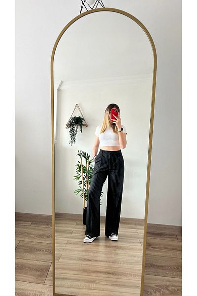 Tutals Women's Black Color Lycra Draped Line Detailed High Waist Wide Leg Comfortable Fit Palazzo Trousers