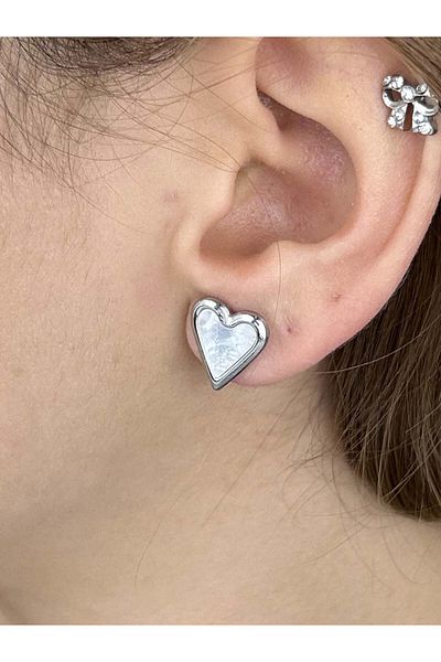 Neon Takı by Atalay Receptivity Sticker - White Pearlescent Heart Figured, Stainless Silver Color Steel Earrings
