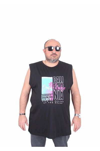 Starbattal Oversize Printed Sleeveless T-Shirt Beach Paradise 25151 Black