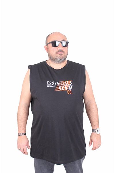 Starbattal Large Size Printed Sleeveless T-Shirt Denim 25154 Black