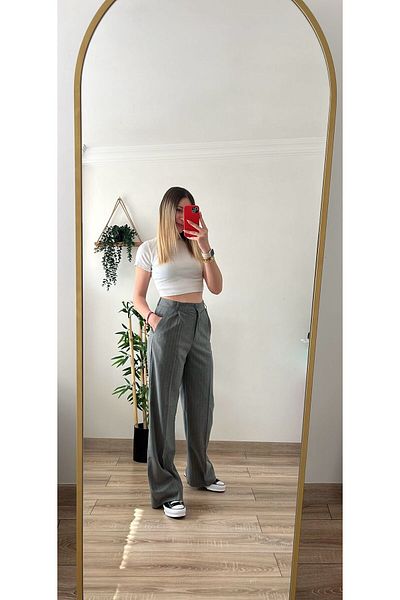 Tutals Women's Gray Color Striped Lycra Draped High Waist Wide Leg Comfortable Fit Palazzo Fabric Trousers