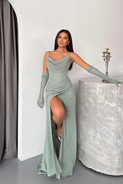 İyem Abiye Eldivenli Krep Straplez Şık Tasarım Abiye Elbise