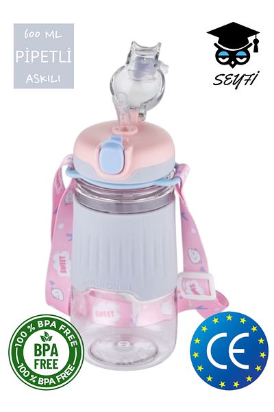 SEYFİKİRTASİYE 600 ml Water Bottle with Neck Strap and Straw with Animal Figures Vagonlife 2023