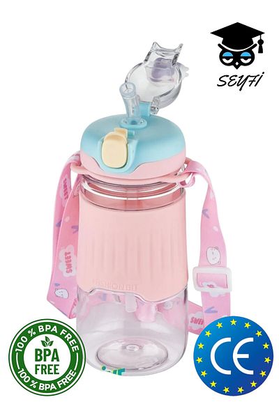SEYFİKİRTASİYE 600 ml Water Bottle with Neck Strap and Straw with Animal Figures Vagonlife 2023