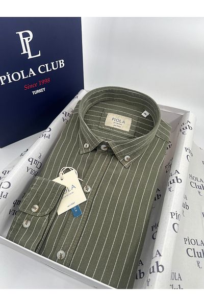 Piola Club Ανδρικό πουκάμισο με κανονική εφαρμογή, μαλακή υφή, ριγέ κουμπιά χωρίς τσέπη (χακί)