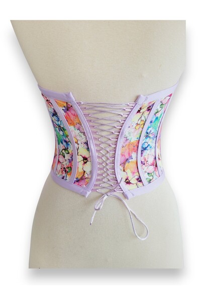 FİYPER Lila Çiçek Desenli Bağlamalı Korse Büstiyer