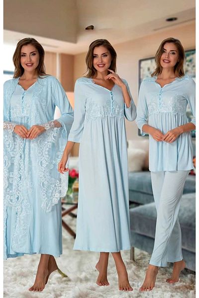 Puerpera Effortt Special Design Laced Maternity Nightgown Pajama Set and Dressing Gown 3014