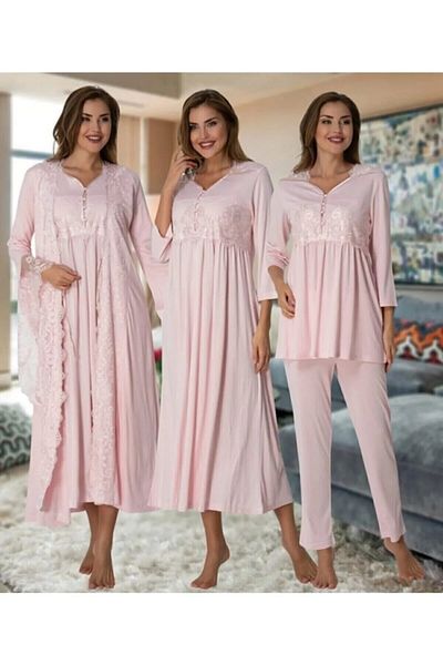 Puerpera Effortt Special Design Laced Maternity Nightgown Pajama Set and Dressing Gown 3014