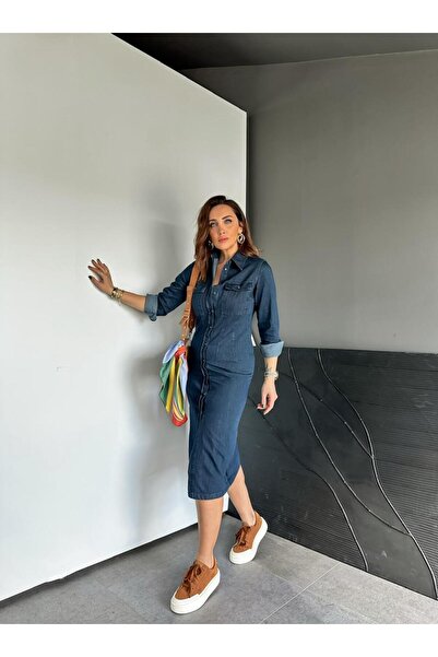 Zerrincan Giyim Lacivert Kapak Cepli Düğmeli Kot Elbise