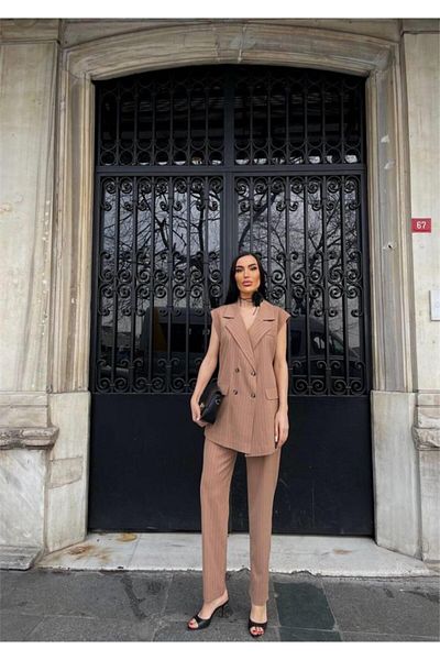 KAZAK Striped Long Vest - Pants Suit Polvi̇scon - Brown