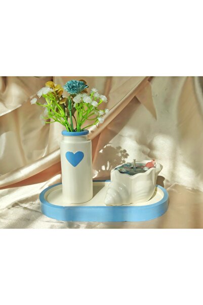 Home Dekoratif Hediyelik Jel Mum, Kalp Desenli Çiçekli Vazo Ve Tabak Takımı (...
