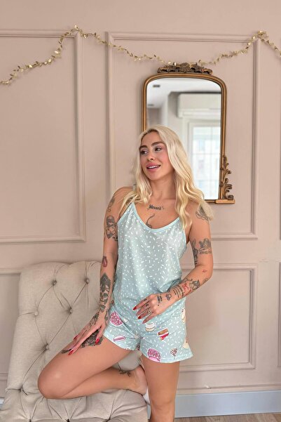Pijamaevi Mint Macaron Patterned Rope Strap Shorts Women's Pajama Set
