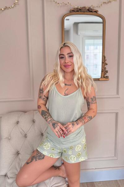 Pijamaevi Green Fresh Summer Patterned Rope Strap Shorts Women's Pajama Set