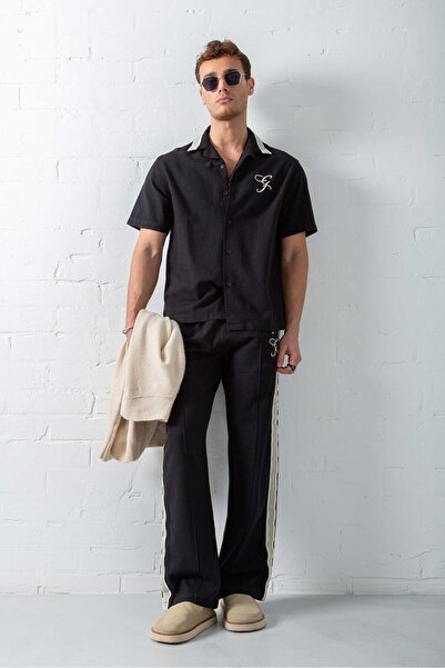 ablukaonline Чоловіча сорочка Relax Fit з вишитим малюнком під льон, чорна