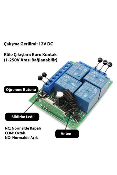 FÖF Kablosuz Rf Uzaktan Kumandalı 4 Kanallı 12V Röle Kartı Set 433 Mhz Garaj Kapısı Kontrolcüsü