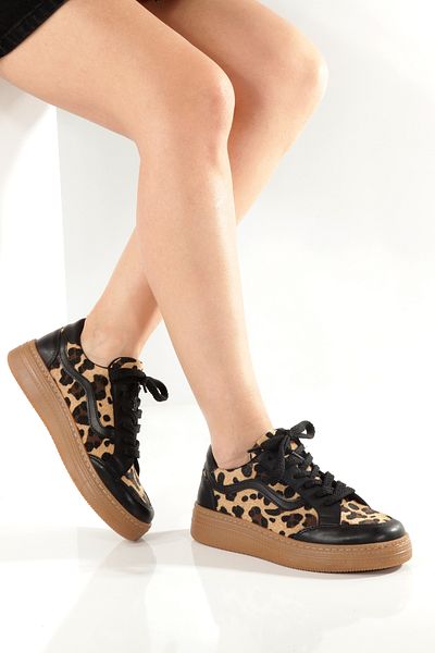 leopar by çetinay Black Leopard Detail Basic Women's Sneaker Sports Shoes