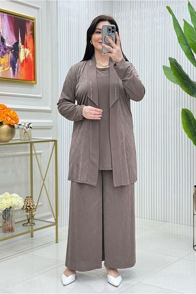 Moda Rosa 25Y5055 - مينك - بدلة سهرة مقاس كبير مع بنطلون