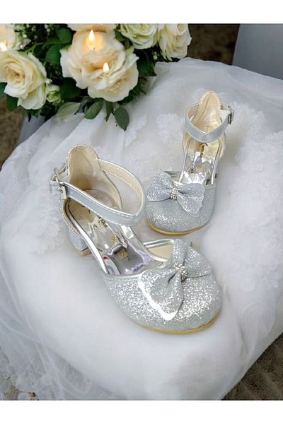 PATİK BEBE Pantofi de seara cu toc scurt pentru fete printesa argintiu