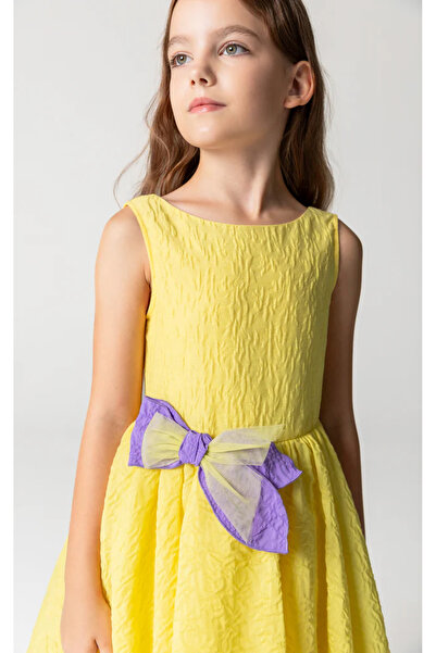 SheShe 04-12 YAŞ KIZ ÇOCUK SARI KURDEL DETAYLI ELBİSE - SARI