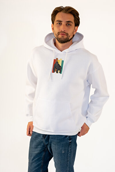 TEVOOY سويت شيرت أبيض بطبعة غوريلا مقاس 3 خيوط من القماش الوردي مع جيب الكنغر