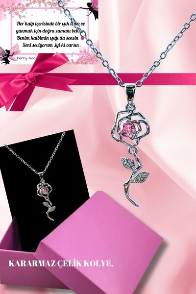 Perry Accesories kararmaz çelik  pembe gül kolye  sevgililer günü hediyesi gü...