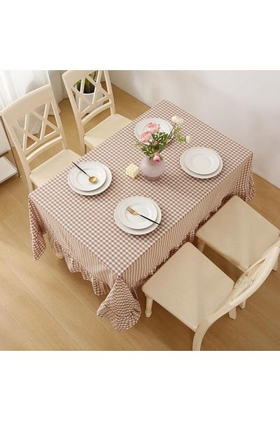 Erba kreasyon Duck Linen Frilly Gingham Patterned Round Tablecloth