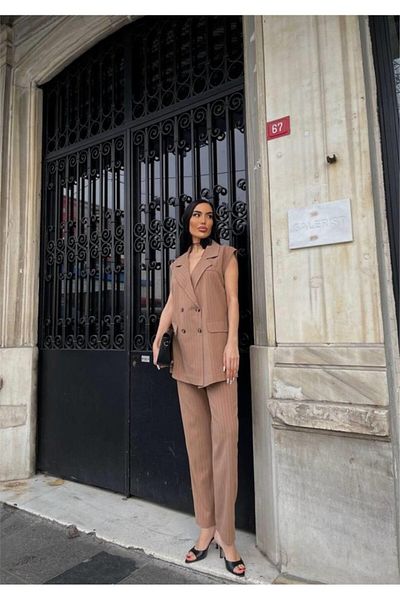 KAZAK Striped Long Vest - Pants Suit Polvi̇scon - Brown