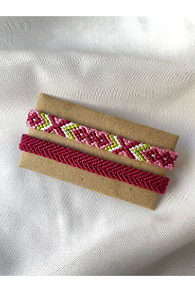 MELUSH Pembe ve Yeşil Renkli Desenli El İşi Örgü Bileklik 2'li Set