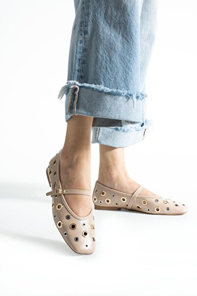 PARİS Γυναικείες μπαλαρίνες με λεπτομέρεια μπεζ χρυσό δαχτυλίδι Grace