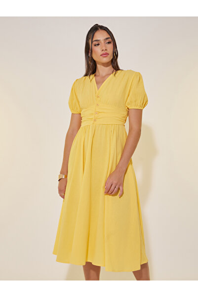 Take Two By Styli Solid Puff Sleeve V-Neck Midi Dress