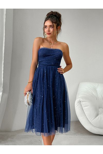 Diva By Styli Off Shoulder Mesh A-Line Midi Dress