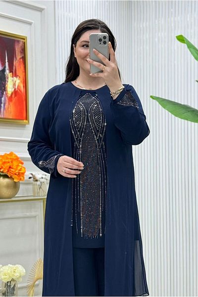 Moda Rosa 25Y5050 - Navy Blue - Large Size Stone Evening Dress Suit with Trousers