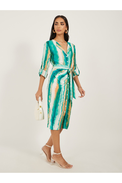 Styli فستان متوسط الطول بتفاصيل ربطة عنق وطباعة وصبغة