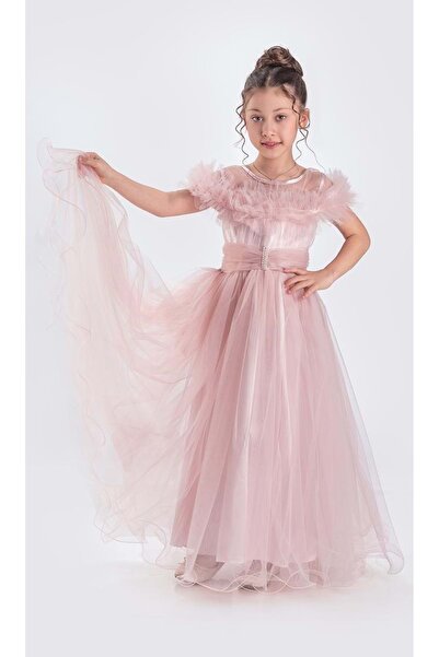 Mnk Baby&Kids Uzun Etek Kız Çocuk Robası Şifon Abiye M00723 PUDRA