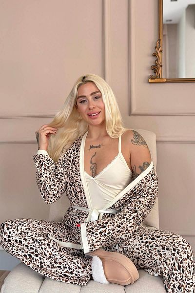 Pijamaevi Cream Wild Elegance Exclusive Women's Pajama Set with Knitted Dressing Gown