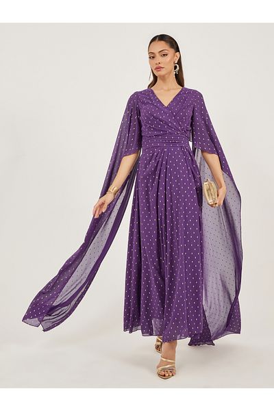 Styli Foil Print Cape Sleeve V Neck A-Line Maxi Dress