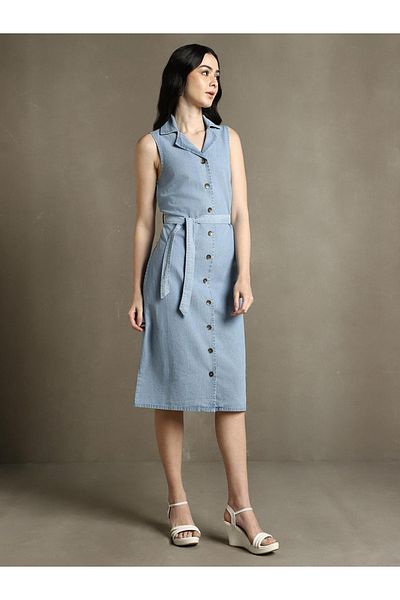 Dennis Lingo By Styli Cotton Collar Sleeveless Midi Dress Comes with a belt
