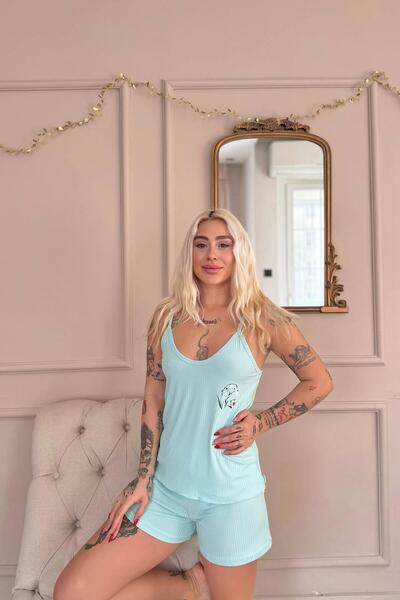 Pijamaevi Aqua Belle Fleur Patterned Knitted Rope Strap Shorts Women's Pajama Set