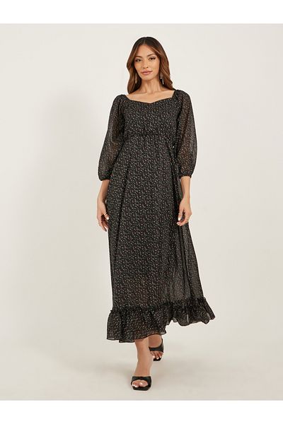 Styli Floral Print Sweetheart Neck Balloon Sleeves Tiered Maxi Dress