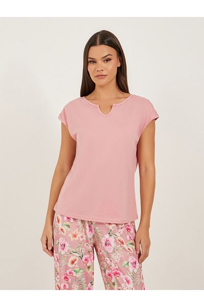 Styli Solid Short Sleeve Pink Floral Printed Pajama Set