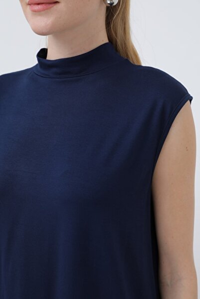 Puane Women's Navy Blue Colored Zero Sleeve Half Turtleneck Soft Organic Cotton Blouse Underwear 40006